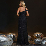 Black High-Slit Low Back Slash Shoulder Spring Evening Dress