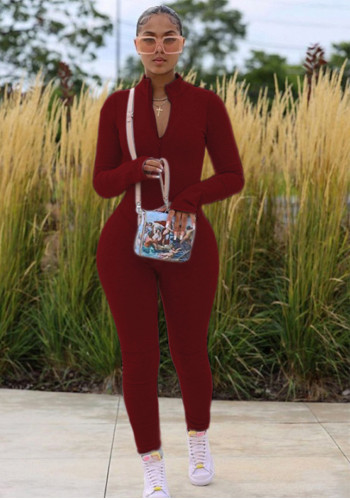 Long-Sleeve Solid Color Sporty Jumpsuit