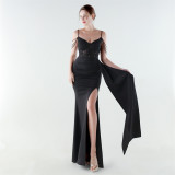 Women Spaghetti Strap Slit Beaded Mermaid Lace-Up Mermaid Evening Dress