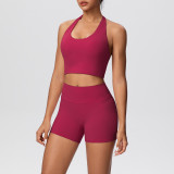 Solid Color Tight-Fitting Halter Neck Tank Shorts Yoga Set