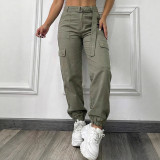 Women Autumn/Winter Solid Casual Cargo Trousers (with Belt)