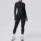 Seamless Solid Color Tight-Fitting High-Stretch Zip-Front Jogger Leggings Set