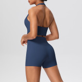 Solid Color Tight-Fitting Halter Neck Tank Shorts Yoga Set