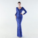 Plus Size Women Sequined V-Neck Evening Dress Formal Party Maxi Evening Dress
