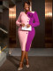Women V-Neck Long Sleeve Contrast Color Block Rose Dress