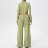 Solid Color Drawstring Long Sleeve Top and Tank Three-Piece Pants Set