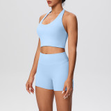 Solid Color Tight-Fitting Halter Neck Tank Shorts Yoga Set