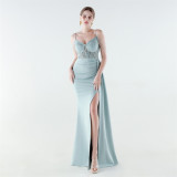 Women Spaghetti Strap Slit Beaded Mermaid Lace-Up Mermaid Evening Dress