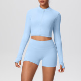 Solid Color Crop Jacket and Shorts Tight-Fitting Yoga Set