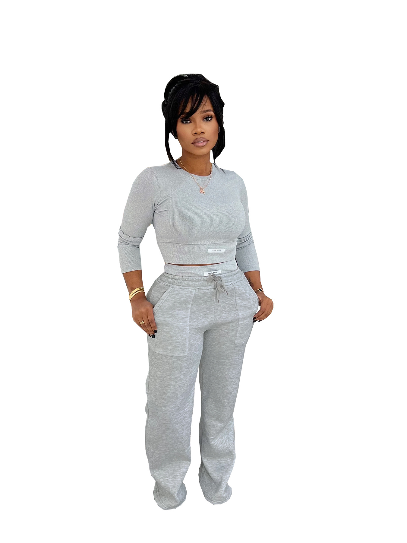 Women Autumn/Winter Casual Solid Top and Pant Two-Piece Set