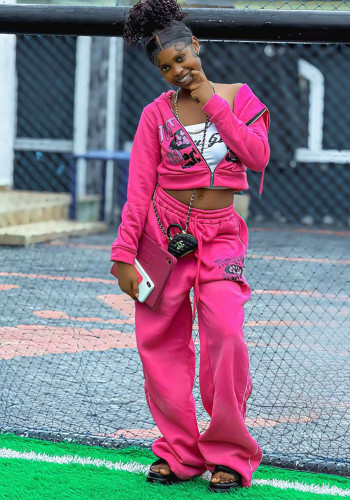 Women Printed Zipper Top and Pants Two-Piece Set