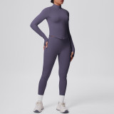 Seamless Solid Color Tight-Fitting High-Stretch Zip-Front Jogger Leggings Set