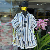 Women Autumn Striped Turndown Collar Short-Sleeve Shirt and Shorts Two-Piece Set