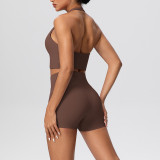 Solid Color Tight-Fitting Halter Neck Tank Shorts Yoga Set