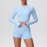 Solid Color Crop Jacket and Shorts Tight-Fitting Yoga Set