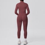 Seamless Solid Color Tight-Fitting High-Stretch Zip-Front Jogger Leggings Set