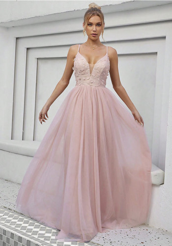 Sexy Low Back Deep V Lace Patchwork Strap Evening Dress