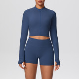 Solid Color Crop Jacket and Shorts Tight-Fitting Yoga Set