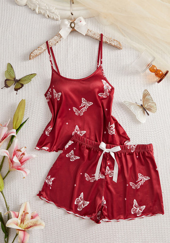 Butterfly Print Cute V-Neck Camisole and Shorts Pajama Set