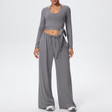 Solid Color Drawstring Long Sleeve Top and Tank Three-Piece Pants Set