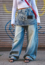 Women Washed Faux Two-Piece Hem Denim Pants