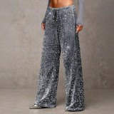 Black Navy Velvet Sequin High-Waist Wide Leg Pants