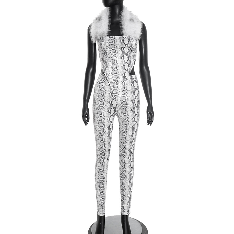 Fall Halter Neck Strapless Patchwork Low Back Snake Print Cropped Top Pants Set