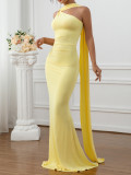 Women Elegant Solid One-Shoulder Sleeveless Evening Dress