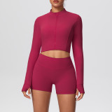 Solid Color Crop Jacket and Shorts Tight-Fitting Yoga Set