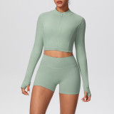 Solid Color Crop Jacket and Shorts Tight-Fitting Yoga Set