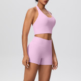Solid Color Tight-Fitting Halter Neck Tank Shorts Yoga Set
