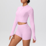 Solid Color Crop Jacket and Shorts Tight-Fitting Yoga Set