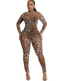 Women Sexy Mesh Leopard Print Jumpsuit