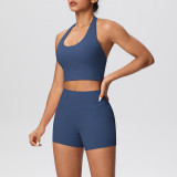 Solid Color Tight-Fitting Halter Neck Tank Shorts Yoga Set