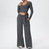 Solid Color Drawstring Long Sleeve Top and Tank Three-Piece Pants Set