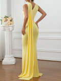 Women Elegant Solid One-Shoulder Sleeveless Evening Dress