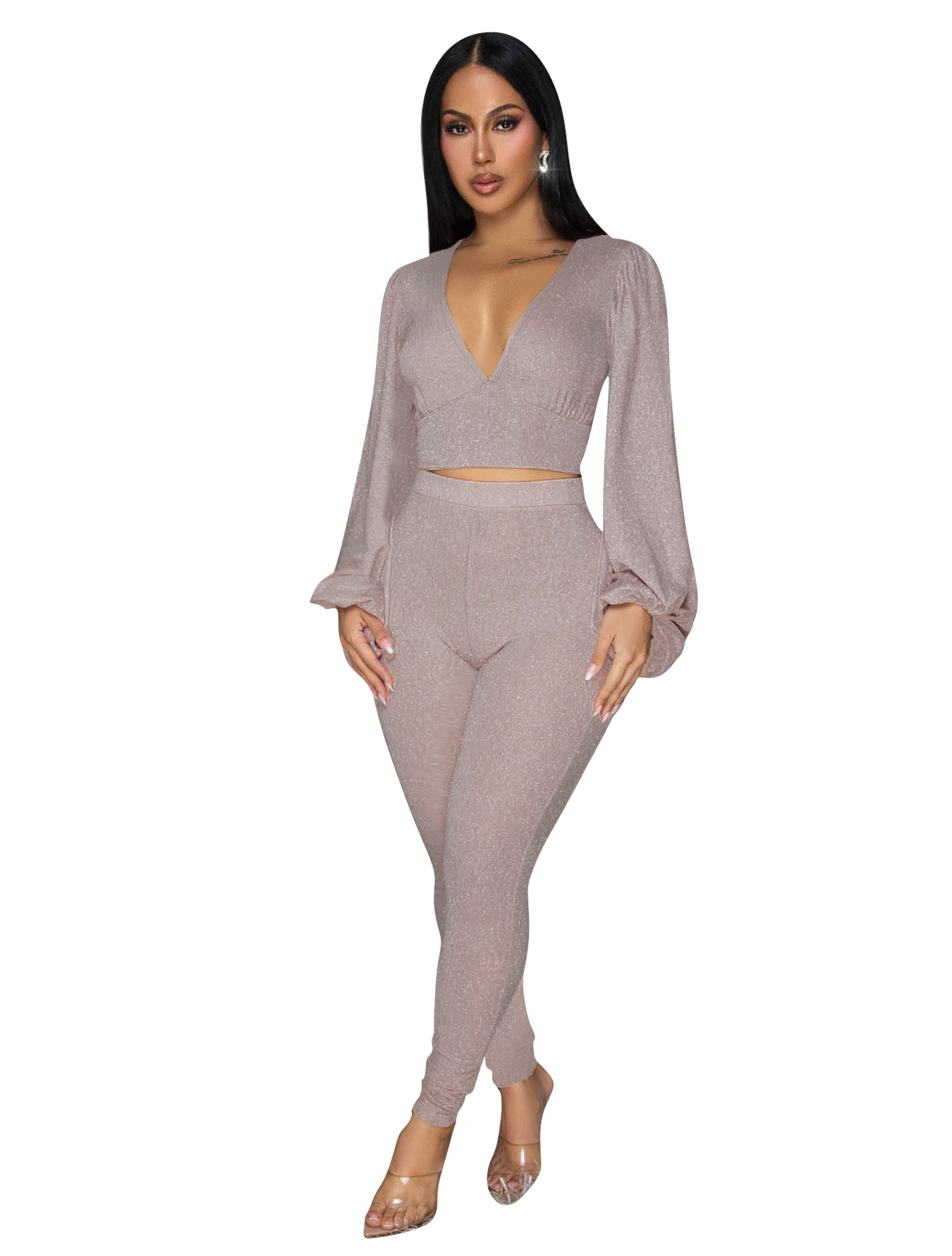 Women Deep V-Neck Backless Lace-Up Short Lantern Sleeve Top and Trousers Two-Piece Set