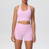 Solid Color Tight-Fitting Halter Neck Tank Shorts Yoga Set