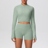 Solid Color Crop Jacket and Shorts Tight-Fitting Yoga Set