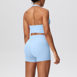 Solid Color Tight-Fitting Halter Neck Tank Shorts Yoga Set