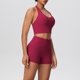 Solid Color Tight-Fitting Halter Neck Tank Shorts Yoga Set