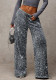 Black Navy Velvet Sequin High-Waist Wide Leg Pants
