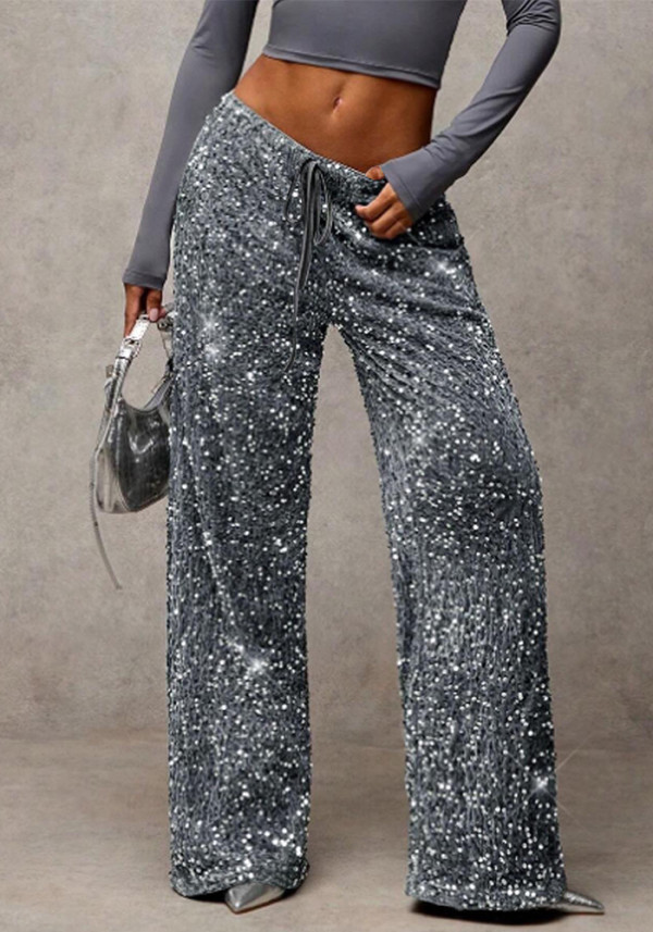 Black Navy Velvet Sequin High-Waist Wide Leg Pants