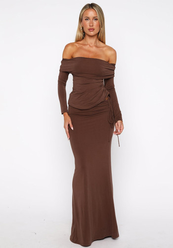 Off-Shoulder Solid Color Lace-Up Crop Top and High-Waist Maxi Skirt Set