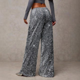 Black Navy Velvet Sequin High-Waist Wide Leg Pants