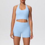 Solid Color Tight-Fitting Halter Neck Tank Shorts Yoga Set