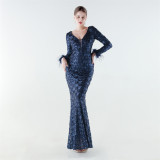 Plus Size Women Sequined Furry Formal Party Evening Dress