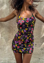 Women Winter Sexy Cross Halter Neck Backless Hollow-Out Print Dress