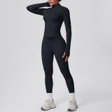 Seamless Solid Color Tight-Fitting High-Stretch Zip-Front Jogger Leggings Set