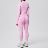Seamless Solid Color Tight-Fitting High-Stretch Zip-Front Jogger Leggings Set